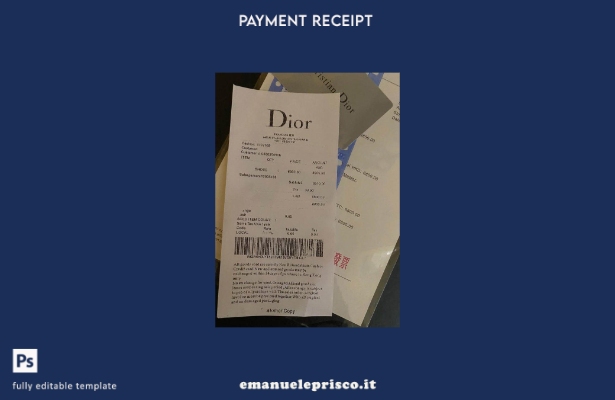 modello di ricevuta di pagamento dell'azienda Dior in stile verificato